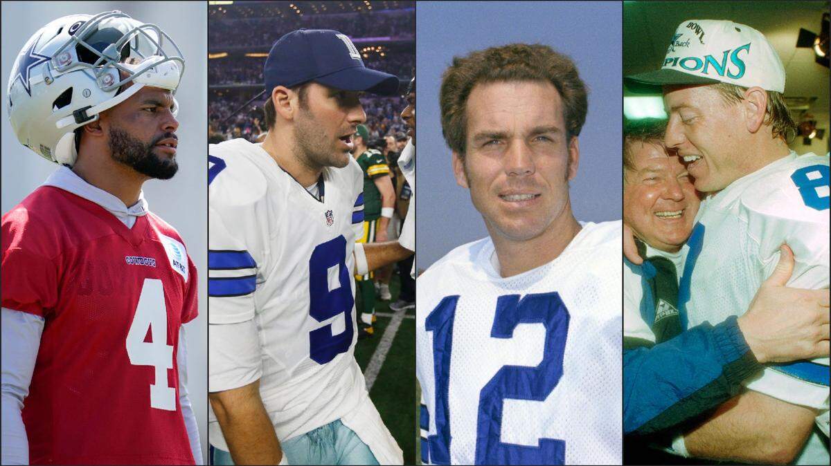 Dak Prescott, left, has put together the best first-six seasons of any Dallas Cowboys quarterback, including Super Bowl winners Roger Staubach and Troy Aikman, third and fourth from left, and Tony Romo, second from left.