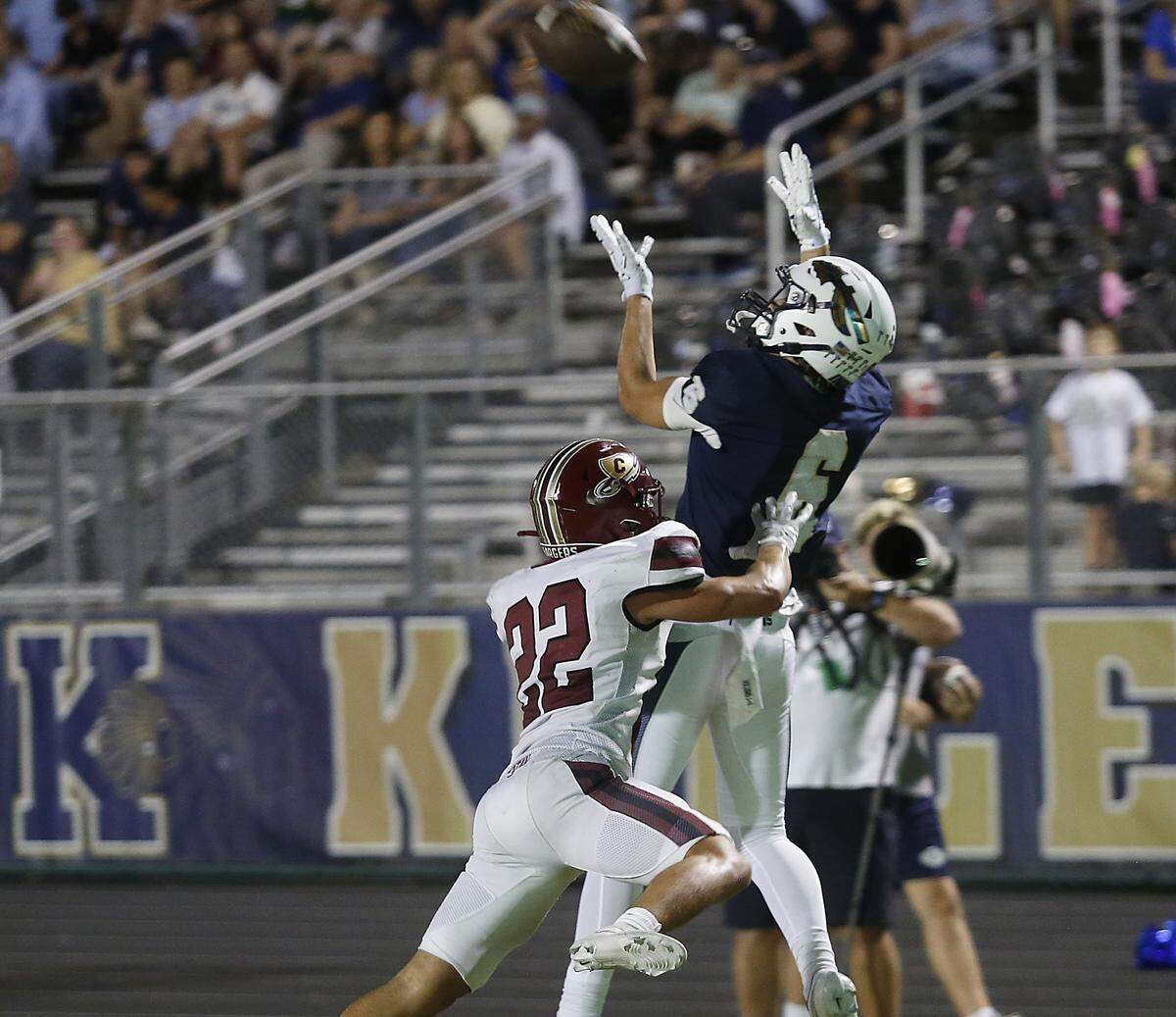 Keller’s Bodie Davis (6) comes down with a touchdown pass against Keller Central during their game at Keller ISD Athletic Complex on Friday, Sep. 26, 2025.