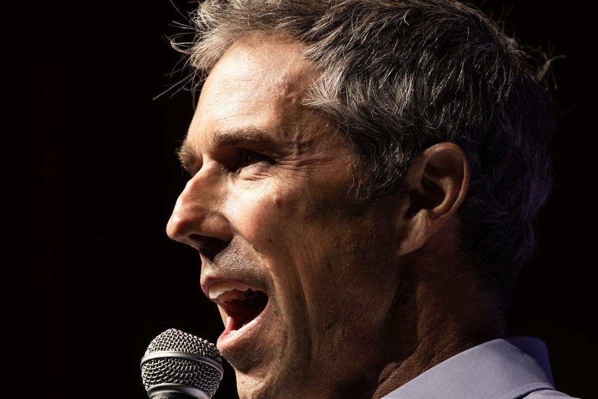 Former U.S. Rep. Beto O’Rourke speaks to the capacity crowd on the stage for ‘The People vs. The Power Grab’ rally at the Ridglea Theater in Fort Worth on Saturday, Aug. 9, 2025.