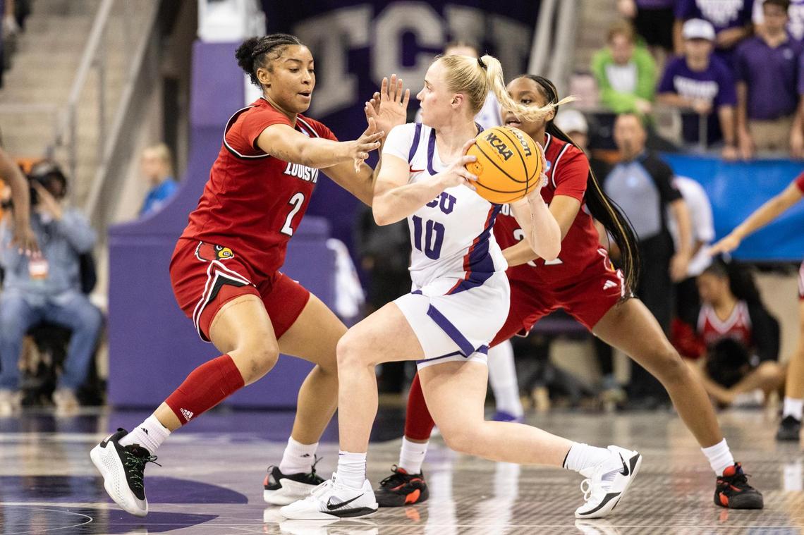 Louisville defenders double team TCU guard Hailey Van Lith (10) at half court in the first half of the second round of the Women’s NCAA Championships Tournament game between TCU and Louisville at Schollmaier Arena in Fort Worth on Sunday, March 23, 2025.