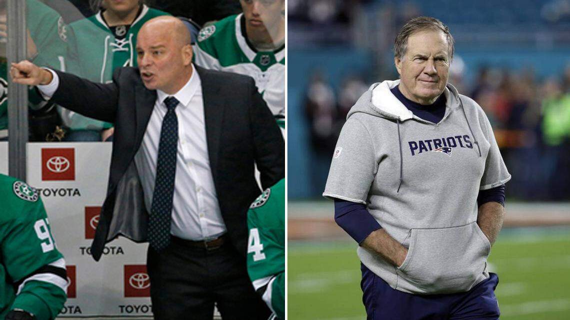 Dallas Stars coach Jim Montgomery and New England Patriots coach Bill Belichick are pictured in this composite photo.