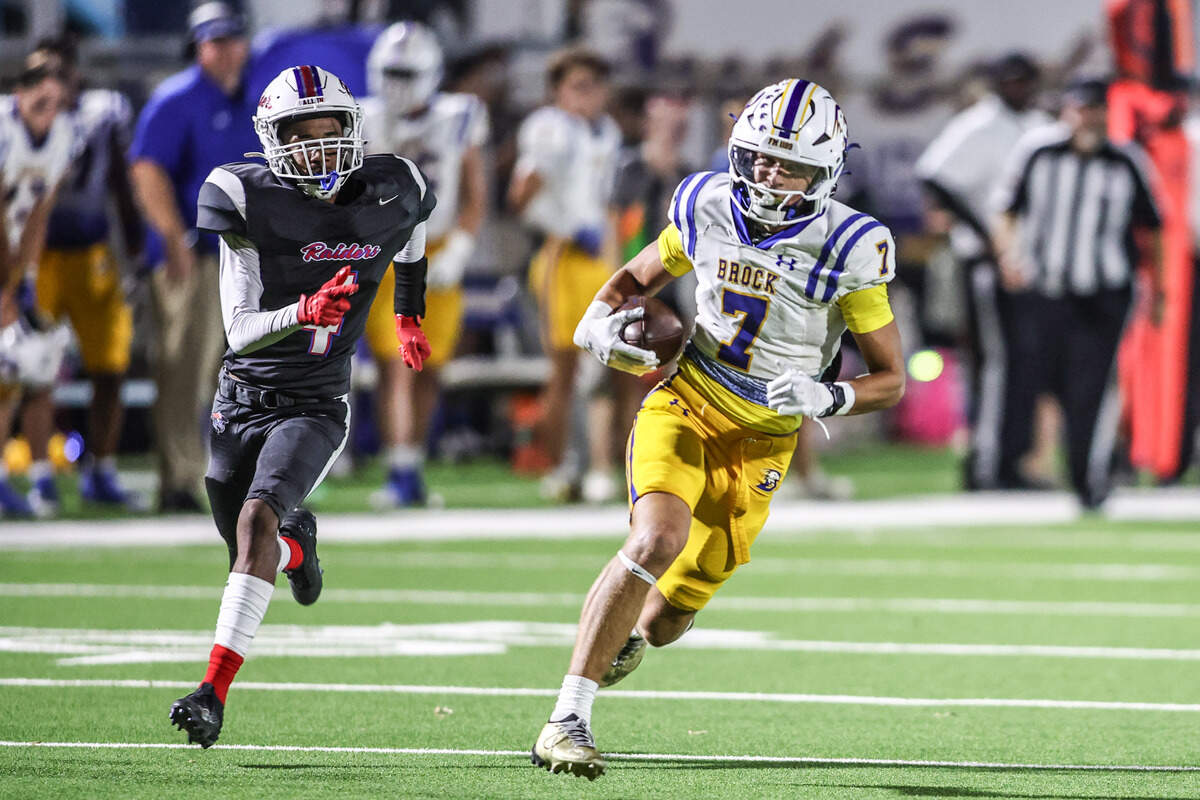 Brock’s Colt Matlock runs after the catch for a long touchdown against Fort Worth Southwest on Sept. 18 at Scarborough-Handley Field in Fort Worth.