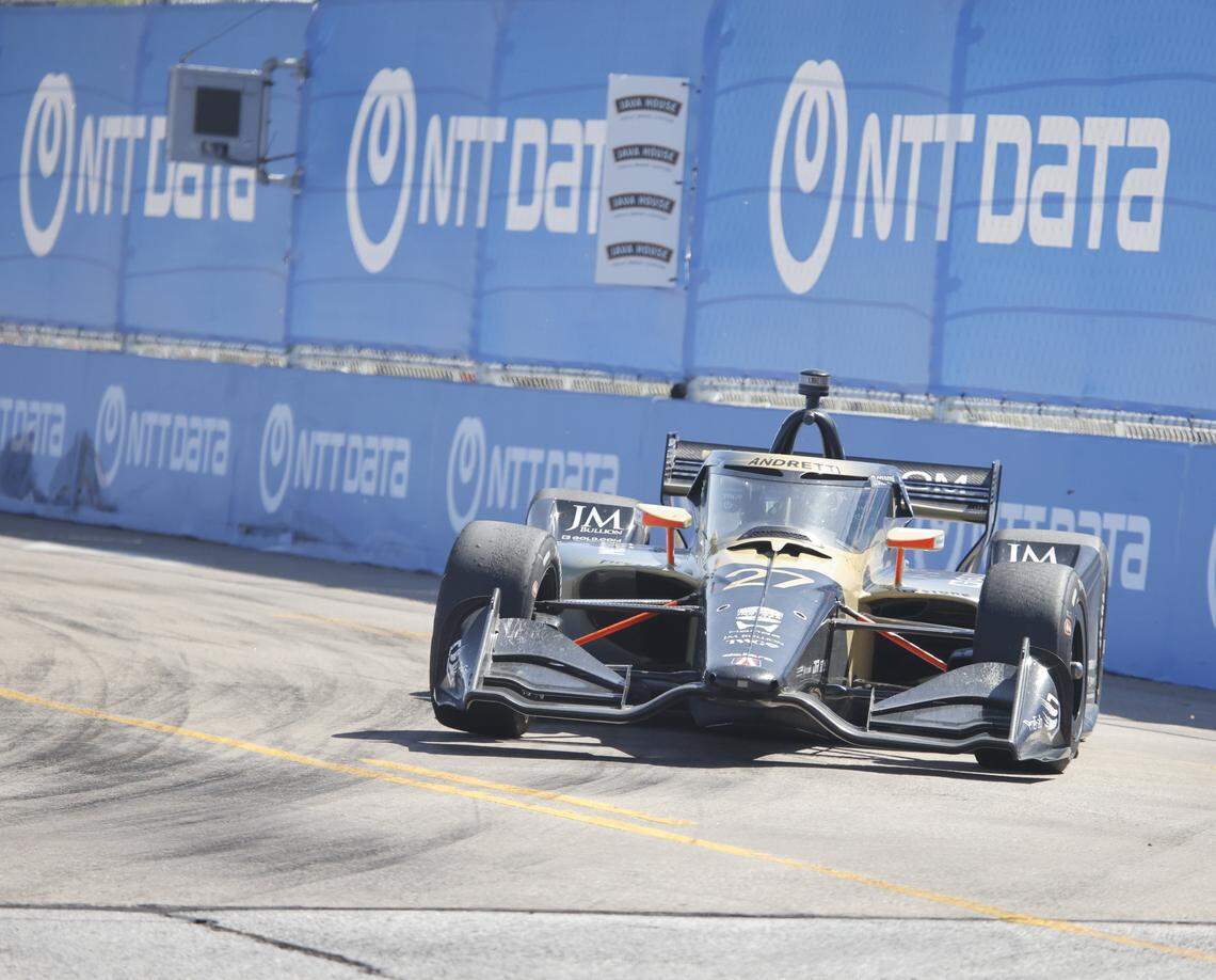 Kyle Kirkwood (27) slides through turn 14 during the inaugural Java House Grand Prix of Arlington in Arlington, Texas, Sunday, March, 15, 2026.