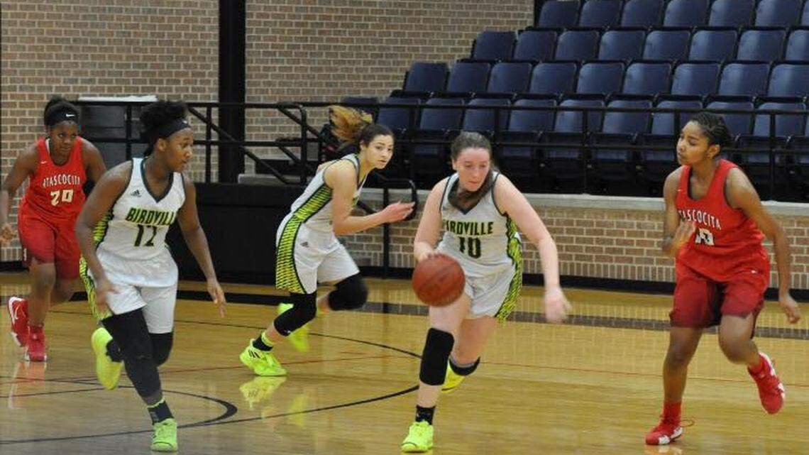 Birdville senior guard Aimee Campbell takes the ball down the court against Atascocita during a tournament game in December.