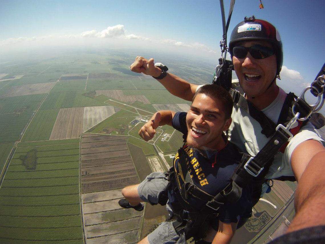 A free fall on a skydiving jump from 14,000 feet will last 60 seconds, then the parachute is deployed for a more leisurely descent of 5-7 minutes.