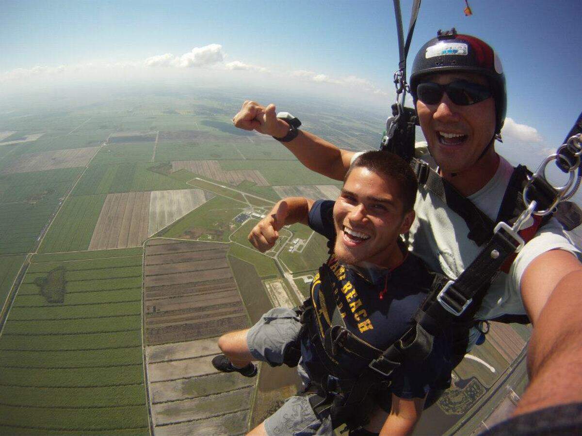 A free fall on a skydiving jump from 14,000 feet will last 60 seconds, then the parachute is deployed for a more leisurely descent of 5-7 minutes.