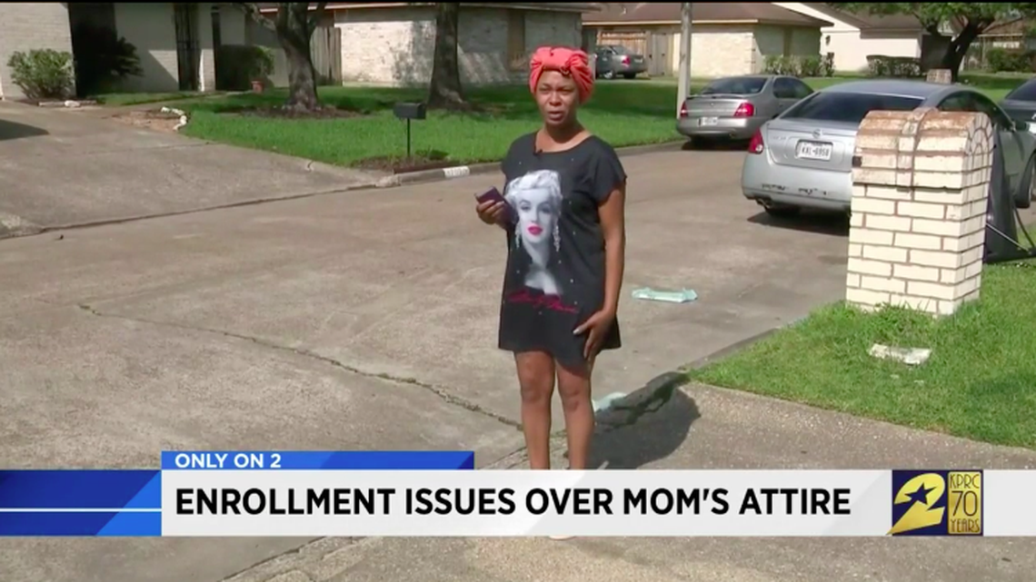 Mother Joselyn Lewis of Houston, Texas, said James Madison High School turned her away as she tried registering her daughter for school because of what she was wearing, KPRC reports.