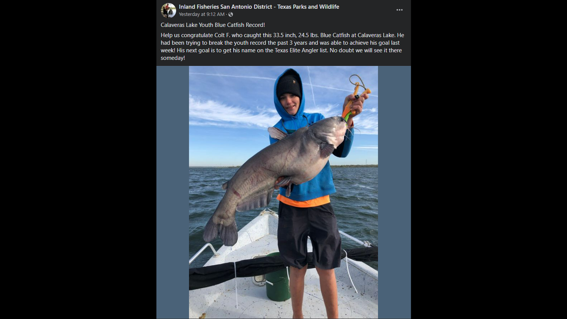 Colt Franke with the blue catfish he reeled in at Calaveras Lake. This fish broke the lake’s youth blue catfish record.