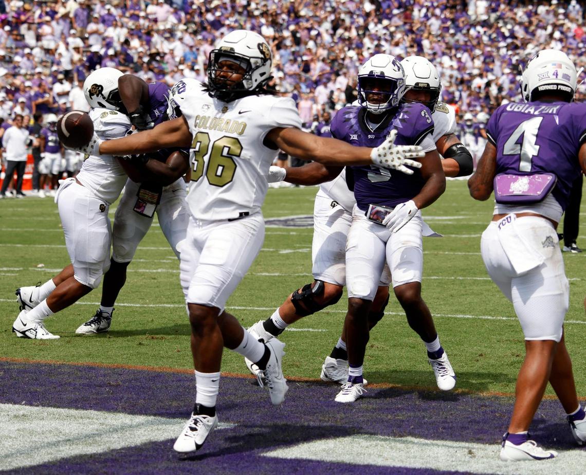 Colorado’s Sy’Veon Wilkerson celebrates his touchdown in the first half of a NCAA football game at Amon G. Carter Stadium in Fort Worth,Texas, Saturday Sept. 02, 2023. Colorado led 17-14 at the half. (Special to the Star-Telegram Bob Booth)