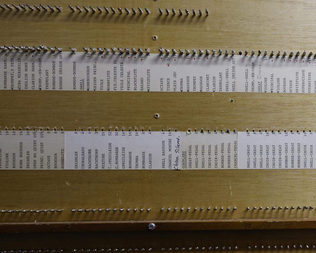 Behind the sceens of some labeling for the 1970 era refurbished organ at St. Stephen Presbyterian Church in Fort Worth, Texas, Wednesday, Sept. 10, 2025.