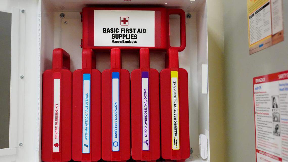 A first aid kit can be found in nurses office at North College Hill Elementary, Monday, Oct. 30, 2023.