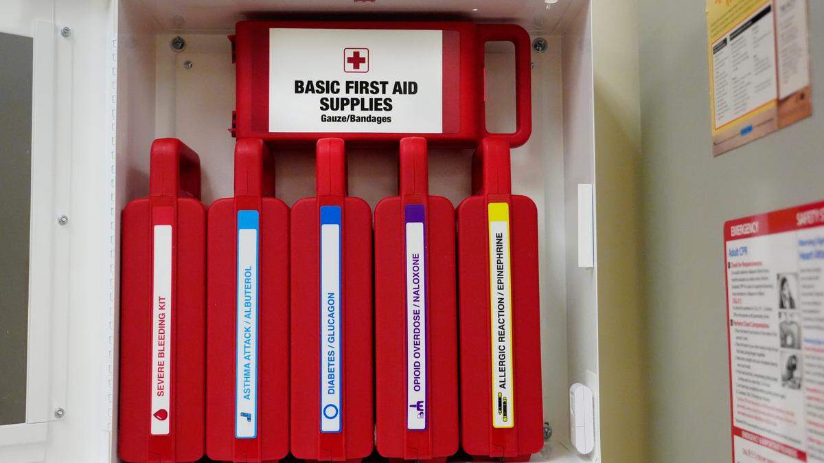 A first aid kit can be found in nurses office at North College Hill Elementary, Monday, Oct. 30, 2023.