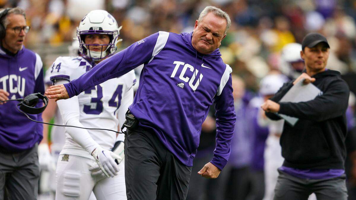 TCU head coach Sonny Dykes reacts to a referee’s call during their game against Baylor at McLane Stadium in Waco on Saturday, Nov. 19, 2022. The Horned Frogs won 29-28 against the Bears.