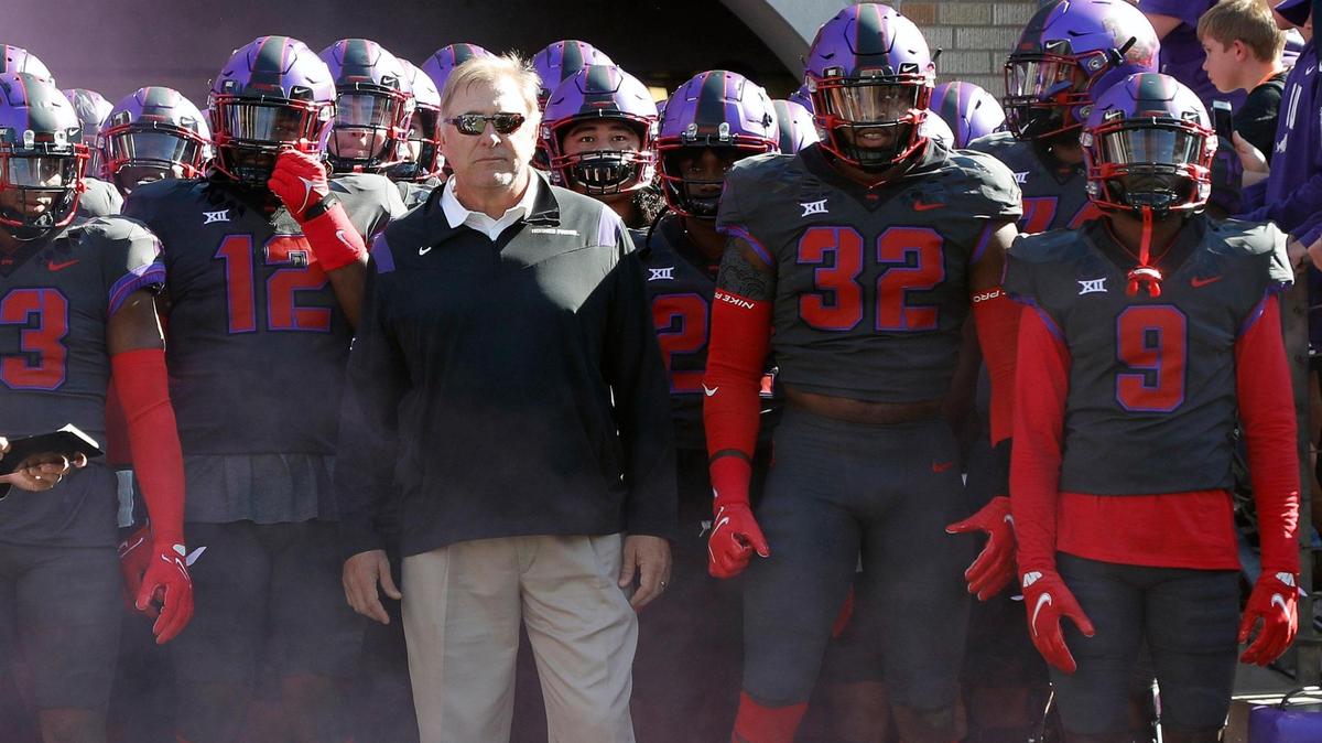 TCU defensive line coach Dan Sharp brings the team onto the field for the first half of a NCAA football game in Fort Worth, Texas, Saturday Nov. 06, 2021. TCU led Baylor 16-14 at the half. (Special to the Star-Telegram Bob Booth)