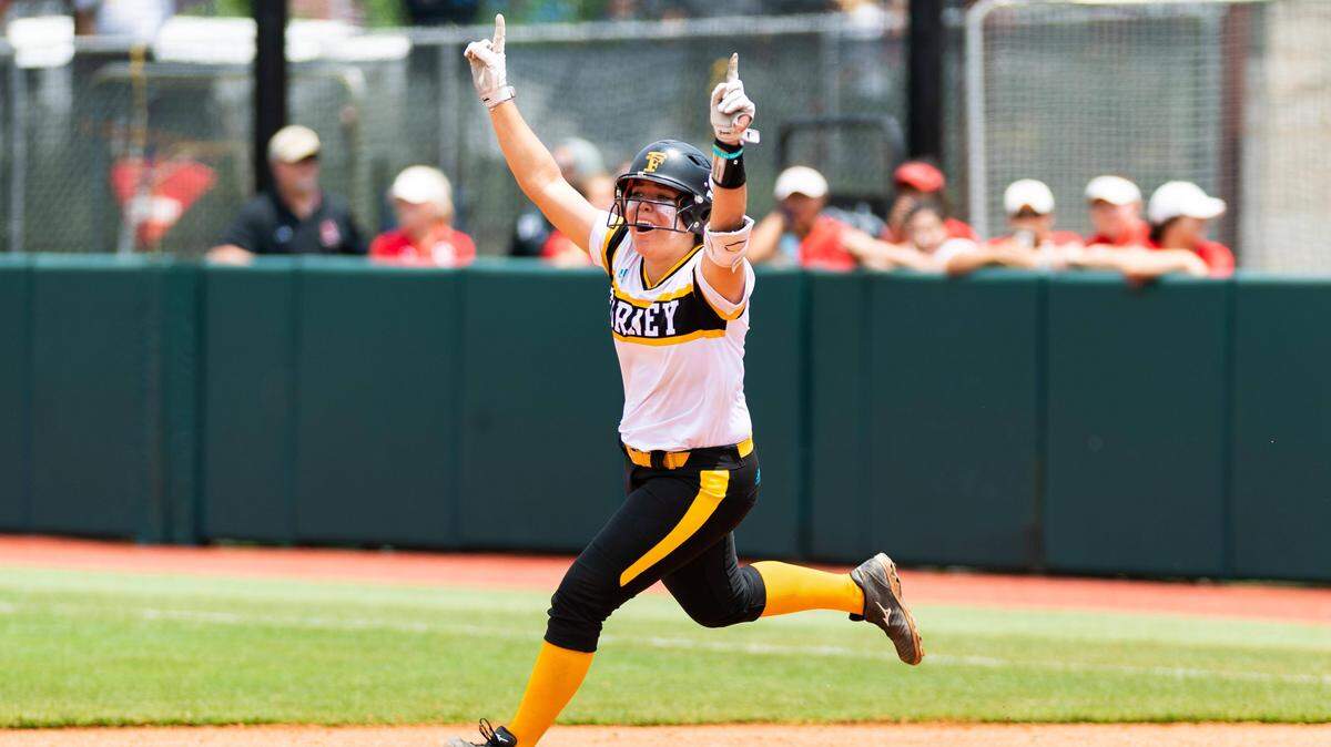 Forney junior Trinity Cannon hits a two-run home run in the top of the eighth inning vs. Angleton, Friday May 31, 2019.
