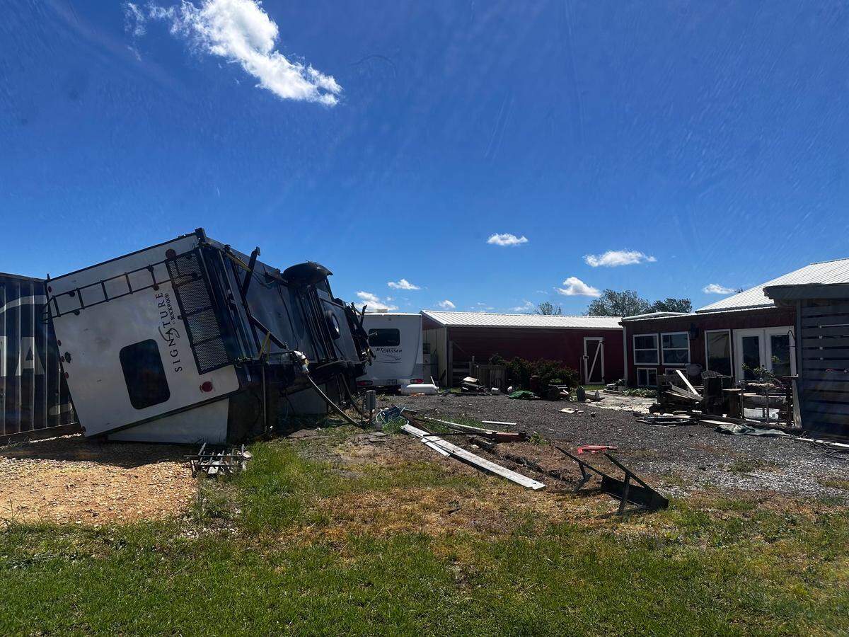 A RV that belongs to the Bell family flipped over during a possible tornado in Parker County on Saturday night, April 19, 2025. Diane Bell said her son was in the RV when it overturned. He had some bruises but no major injuries, she said on Sunday.