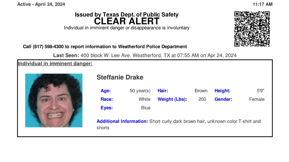 Steffanie Drake, the subject of a Texas Clear Alert, has been located and is safe, Weatherford police shared on social media Wednesday afternoon. 