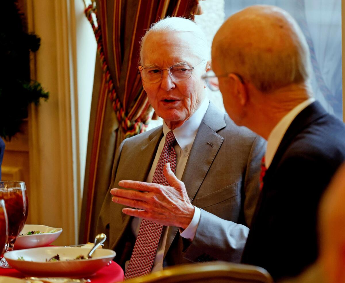 Ed Bass talks with Sid W. Richardson Foundation president and CEO Pete Geren during the Exchange Club annual Christmas fundraiser at the Fort Worth Club in Fort Worth, Texas, Wednesday, Dec. 4, 2024.