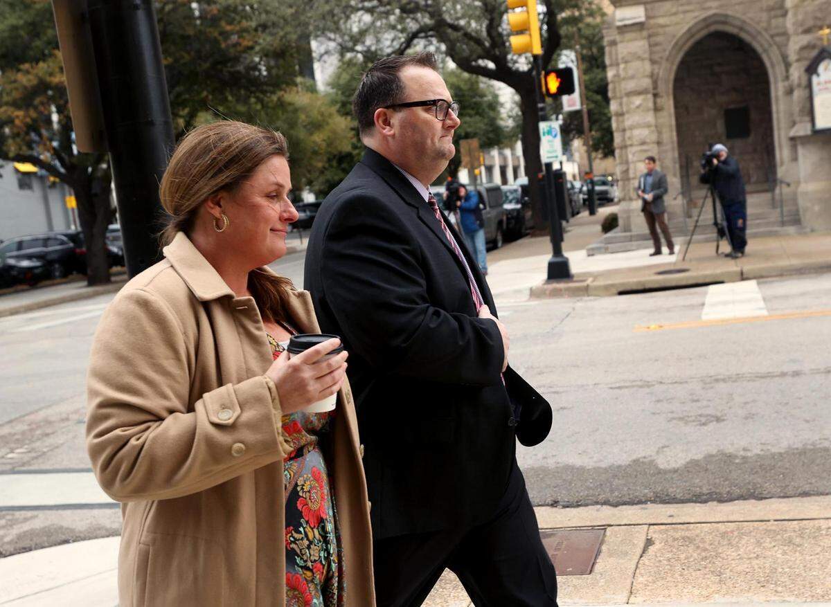 Eric Kay, the former Angels employee accused of providing pitcher Tyler Skaggs with the drugs that led to his death, walks to the federal courthouse in Fort Worth with supporters on Thursday, February 17, 2022.