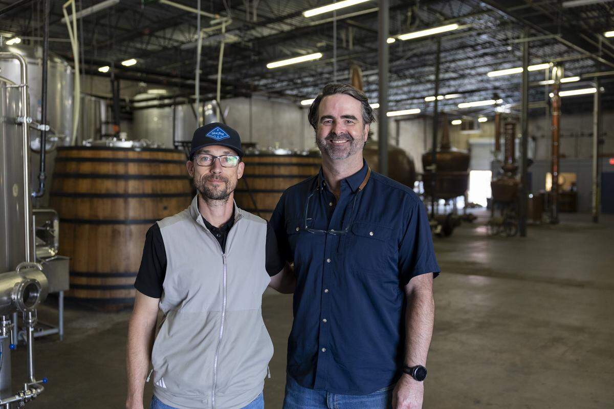 Co-founders Nate Swan and Will Rucker of Blue Flag Distillery, on Thursday, May 7, 2026 in Fort Worth, Texas. Blue Flag Distillery is located in Fort Worth's Near Southside in the former Rahr and Sons Brewing space.