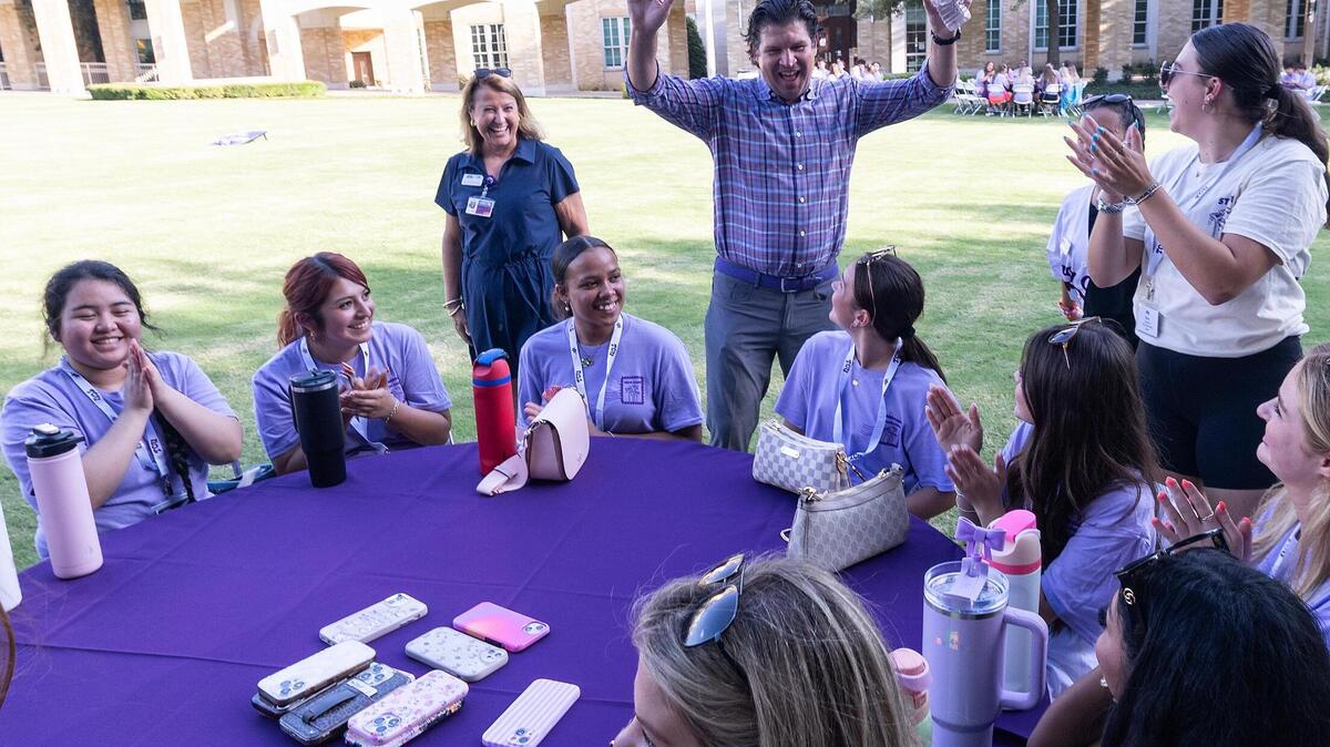 TCU Chancellor Daniel Pullin plays the “Phone Game” with incoming freshman during a “Frog Camp” event on TCU’s campus on Friday, July 11, 2025.