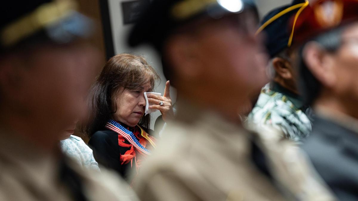 An event attendee becomes emotional during a service remembering the fall of Saigon during the 50th Anniversary of the Vietnam War event at Haltom City City Hall in Fort Worth on Wednesday, April 30, 2025.