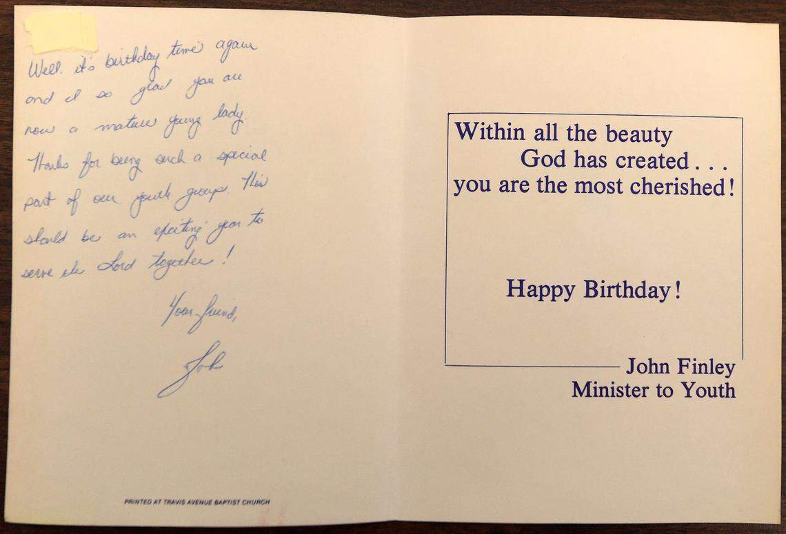 A birthday card from John Finley, former Travis Avenue Baptist Church youth minister, to a member of the youth group.