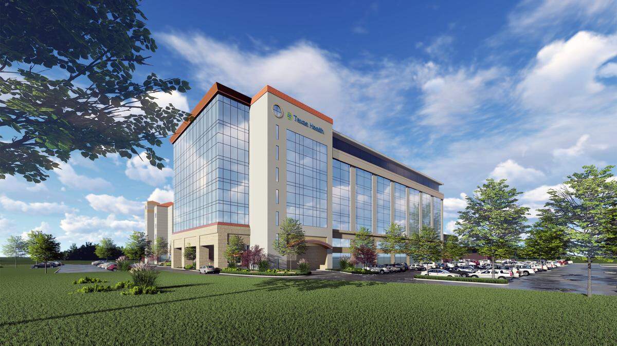 A rendering of a new, five-story patient tower that Texas Health Resources is building.