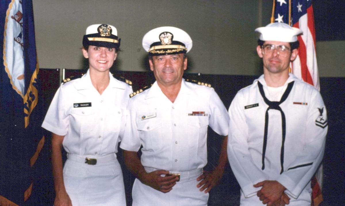 Jack Raskopf, center, at a party celebrating his retirement from the Navy with his daughter Vaune Raskopf and son, John Raskopf.