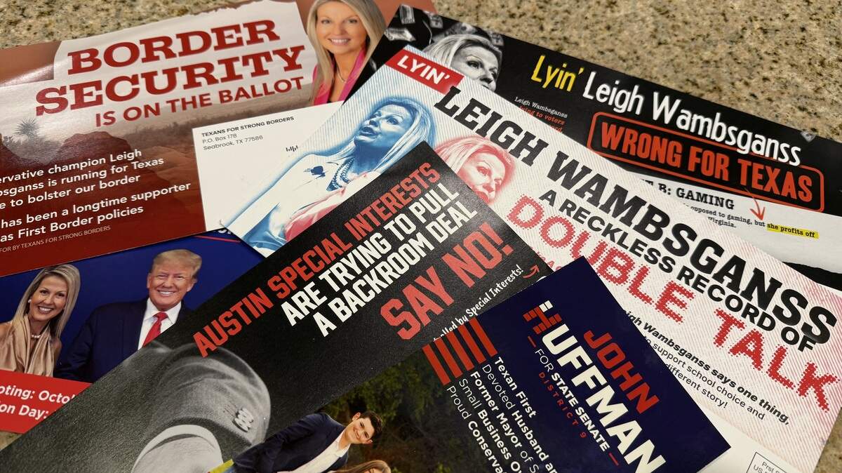 Mailers and flyers for and against Republicans John Huffman and Leigh Wambsganss, competing against Democrat Taylor Rehmet for the two runoff spots in the Texas Senate District 9 special election Nov. 4, 2025.