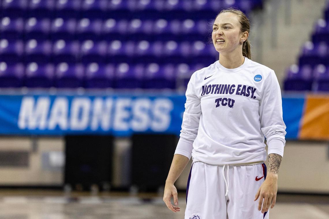 TCU guard Madison Conner warms up up prior to the first round of the Women’s NCAA Championships Tournament game between TCU and Fairleigh Dickinson at Schollmaier Arena in Fort Worth on Friday, March 21, 2025.