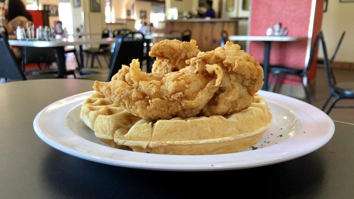 The signature dish at Taste-N-See Chicken and Waffles on West Berry Street near TCU.