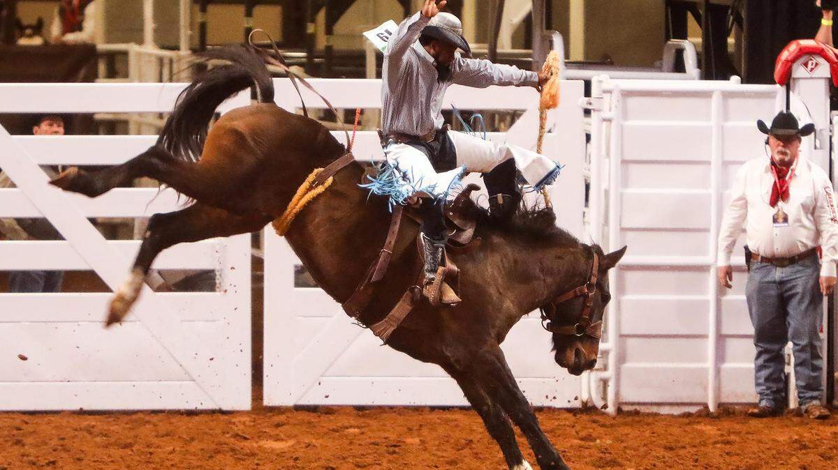 Cedric Offer of Dallas competes in ranch bronc riding event during the Cowboys of Color Rodeo on Monday, January 20, 2020.