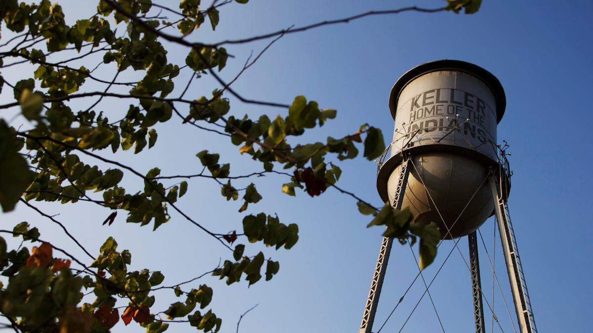 A water tower from a low angle with the word "Keller" written on it.