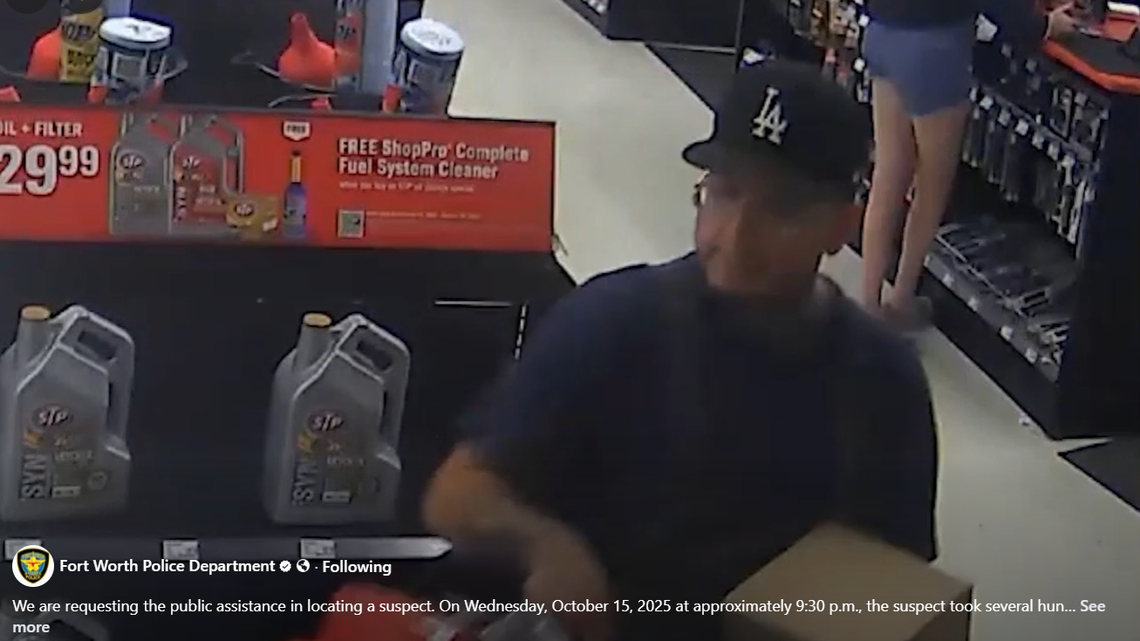 The Fort Worth Police Department is seeking information regarding a theft at an AutoZone at 2900 Cleburne Road.