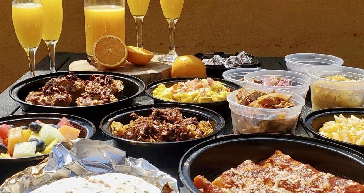 Blue Mesa Grill serves a take-home version of its Sunday brunch with enchiladas, tacs, migas and French toast.