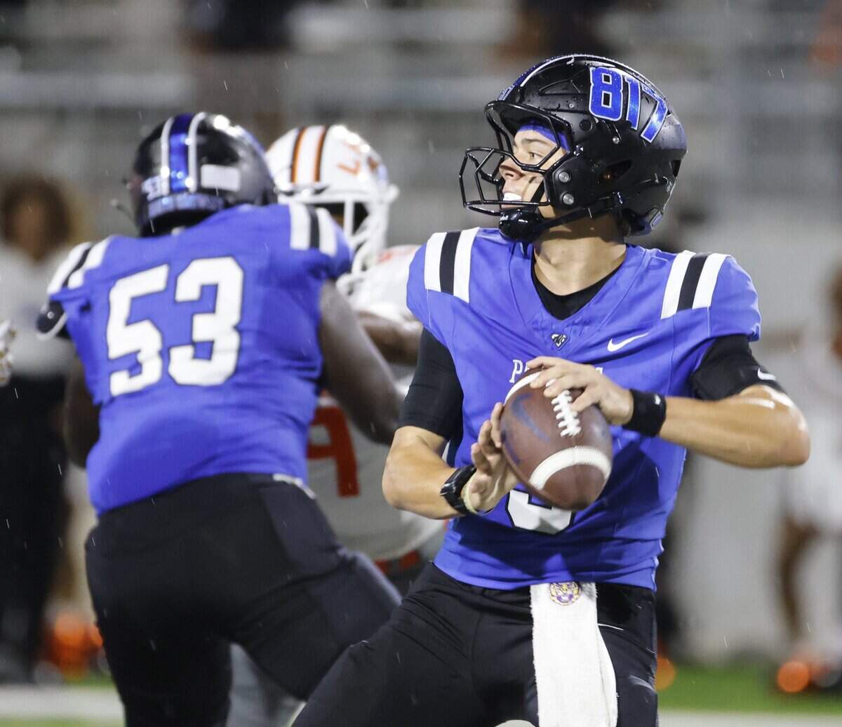 North Crowley quarterback Hayes Cloutier (9) unloads an interception during the first half of a UIL football game at Crowley ISD Stadium in Crowley, Texas, Thursday, August 28, 2025.