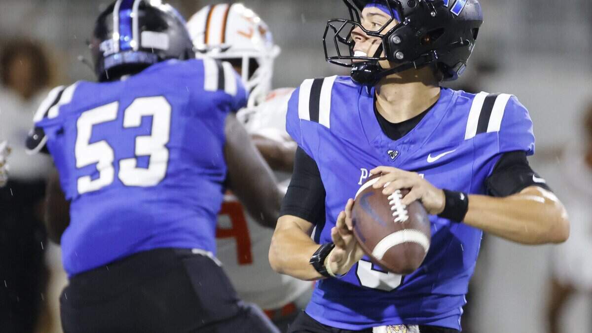 North Crowley quarterback Hayes Cloutier (9) unloads an interception during the first half of a UIL football game at Crowley ISD Stadium in Crowley, Texas, Thursday, August 28, 2025.