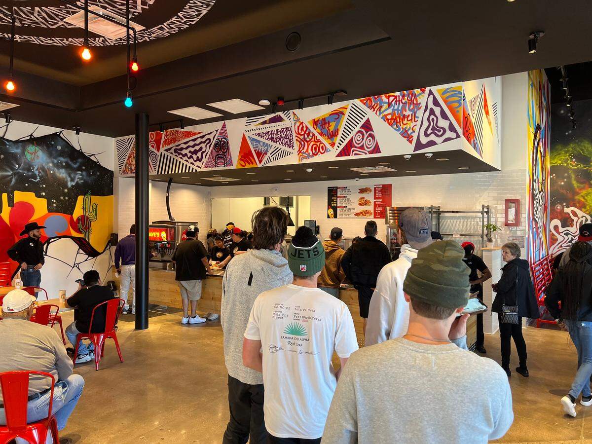 A Dave’s Hot Chicken location on Bryant Irvin Road in Fort Worth, Texas, drew lines when it opened, as seen Nov. 13, 2021.
