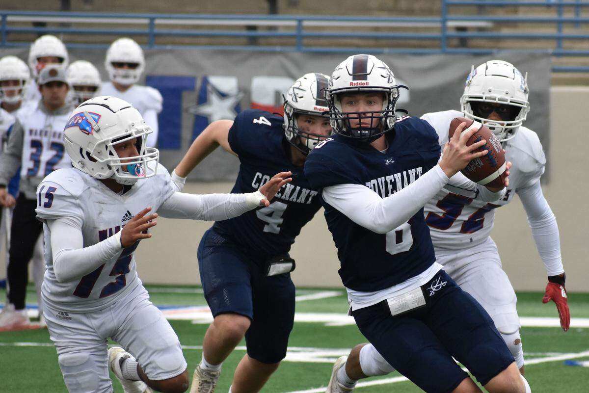 Covenant Classical quarterback Lanham Briley (8) eludes Pasadena First Baptist’s Dallas Post (15) in the first half of the TAPPS Division II 6 Man championship game. The Cavaliers defeated First Baptist 68-30 on Thursday, December 1, 2022 at Waco ISD Stadium. Courtesy Antony Blalock/txhsfb.net