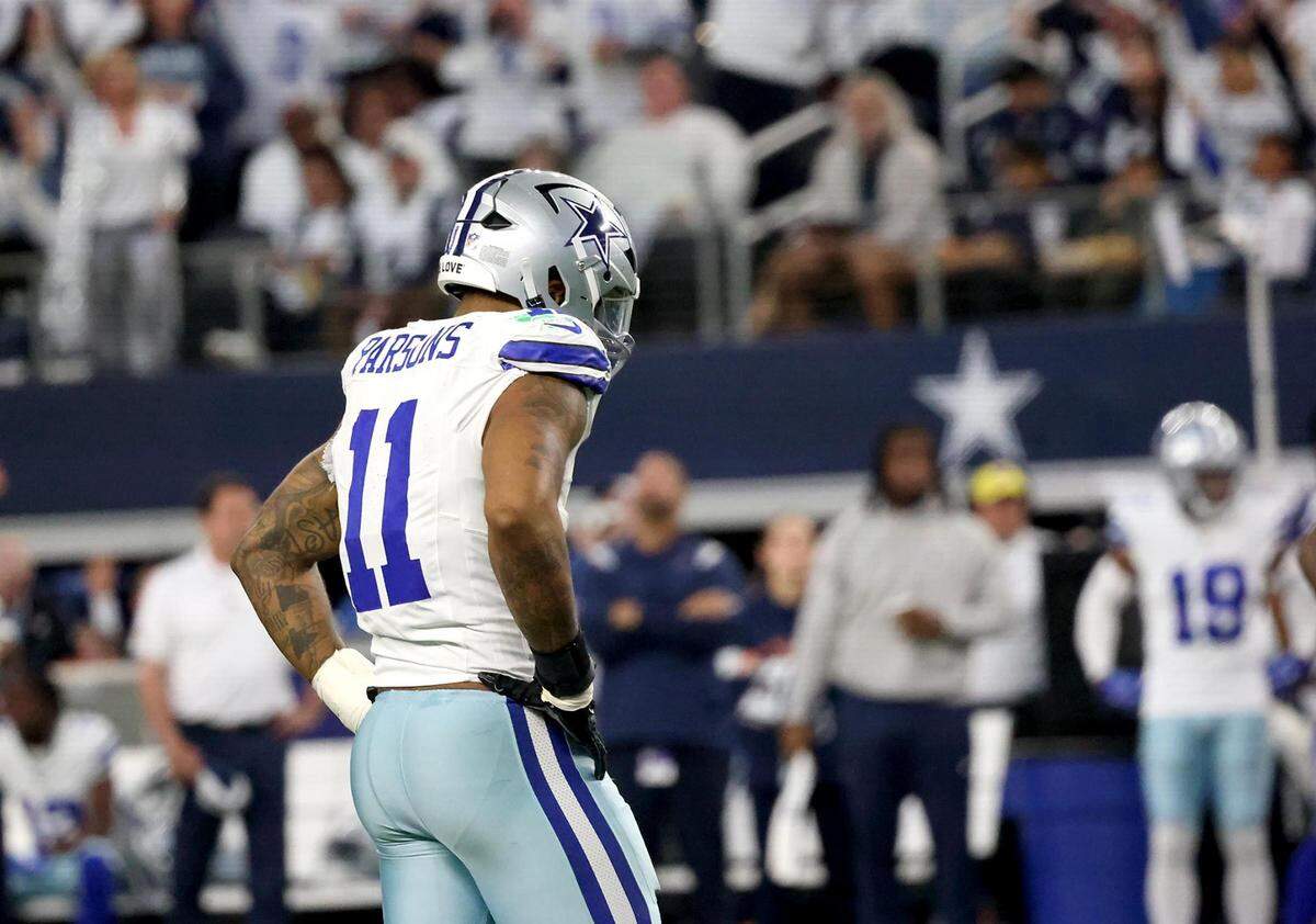 Dallas Cowboys linebacker Micah Parsons reacts during the first half of the NFC wild-card playoff game against the Green Bay Packers on Sunday, January 14, 2024, at AT&T Stadium in Arlington.