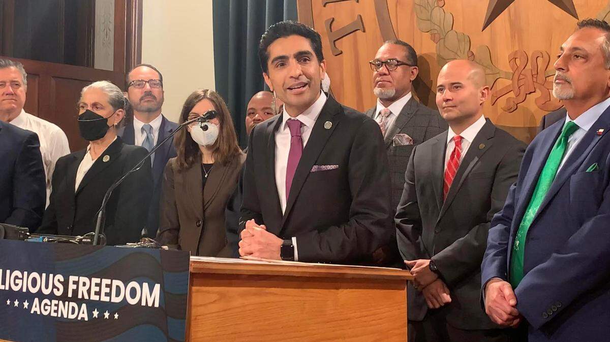 North Texas Rep. Salman Bhojani speaks at Tuesday news conference where he laid out three religious freedom bills.