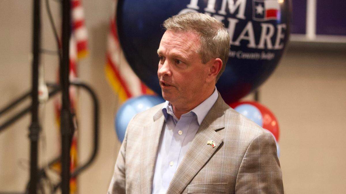 Tim O’Hare greets supports at a watch party in March at Delta Marriott in Southlake. The Republican candidate for Tarrant County Judge’s proposed 20% property tax cut would eliminate more than $105 million in revenue from the budget.