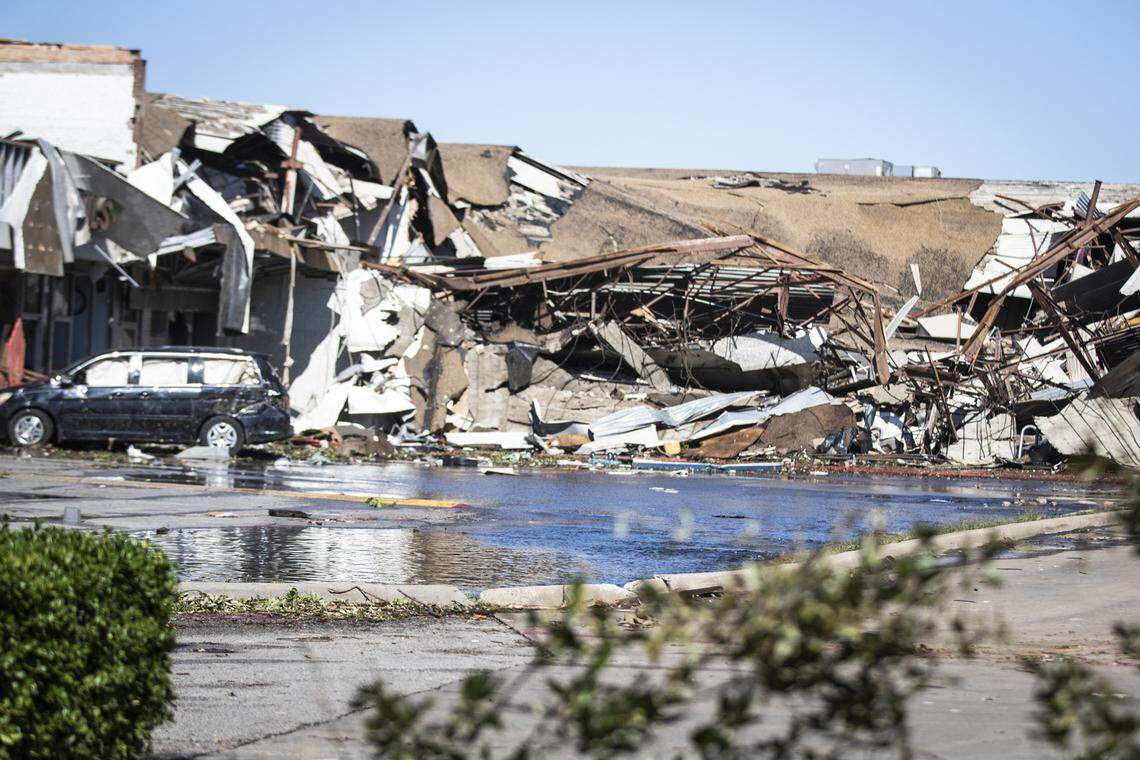 Businesses sustained damage after a tornado Monday, Oct. 21, 2019, near Walnut Hill Lane in Northwest Dallas.