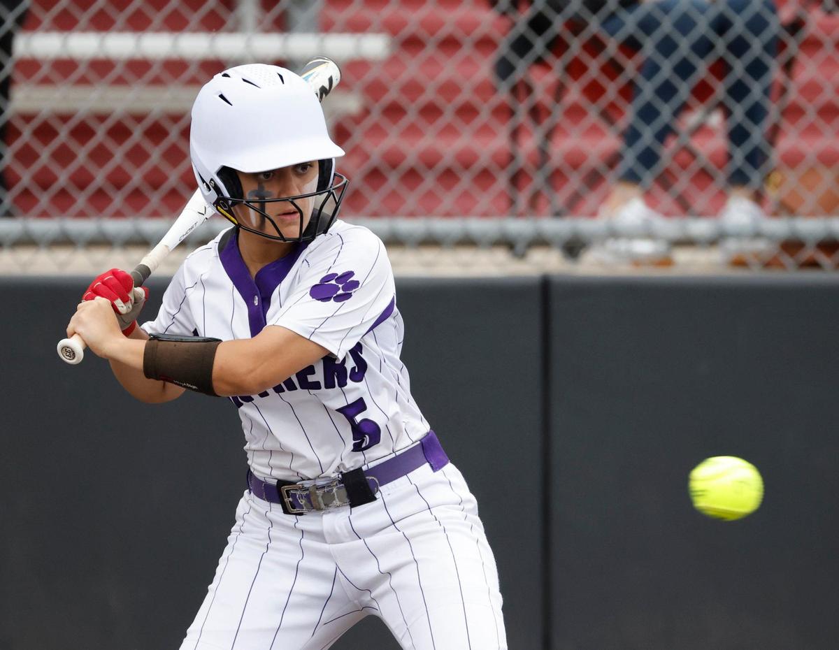 Paschal second baseman Madison Howard gets a hit during a UIL District 6A Region 1 Bi-district softball playoff game at Saginaw High School in Saginaw, Texas, Thursday, April 25, 2024. Paschal defeated Keller 3-2. (Special to the Star-Telegram/Bob Booth)