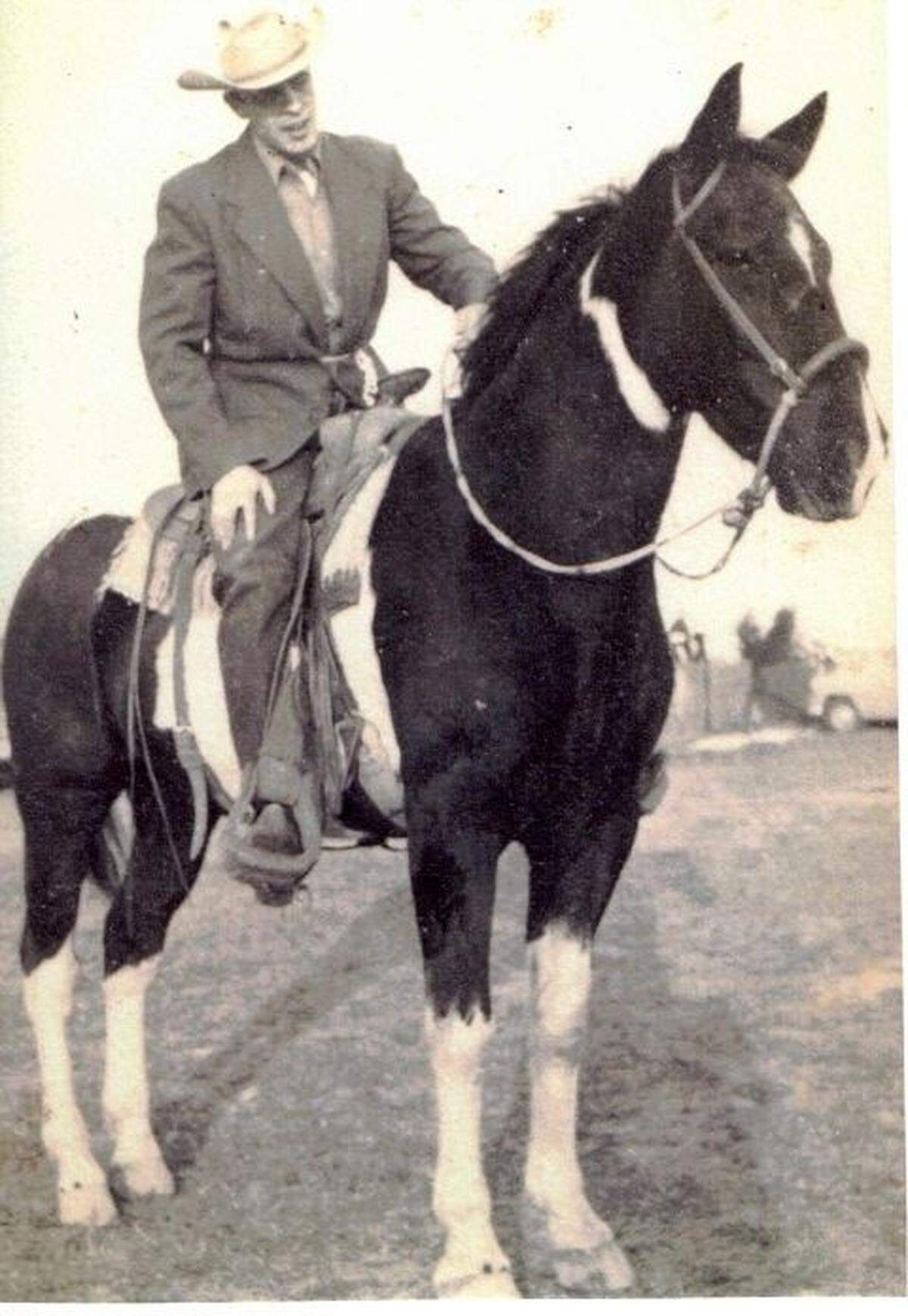 Noel Cohen on his favorite horse, George, designed hand-tooled saddles and competed on the cutting horse circuit riding another mount, a horse named Blue Hornet.
