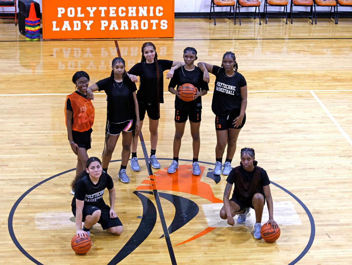 Cecilia Aguilar, Taty Fannin, Lauren Watson, Kassidy Young, Lakendra Williams, Merveille Ikibasimba and Serenity Tolbert photographed after practice at Polytechnic High School outside gym in Fort Worth, Texas, Thursday, Feb. 06, 2025.