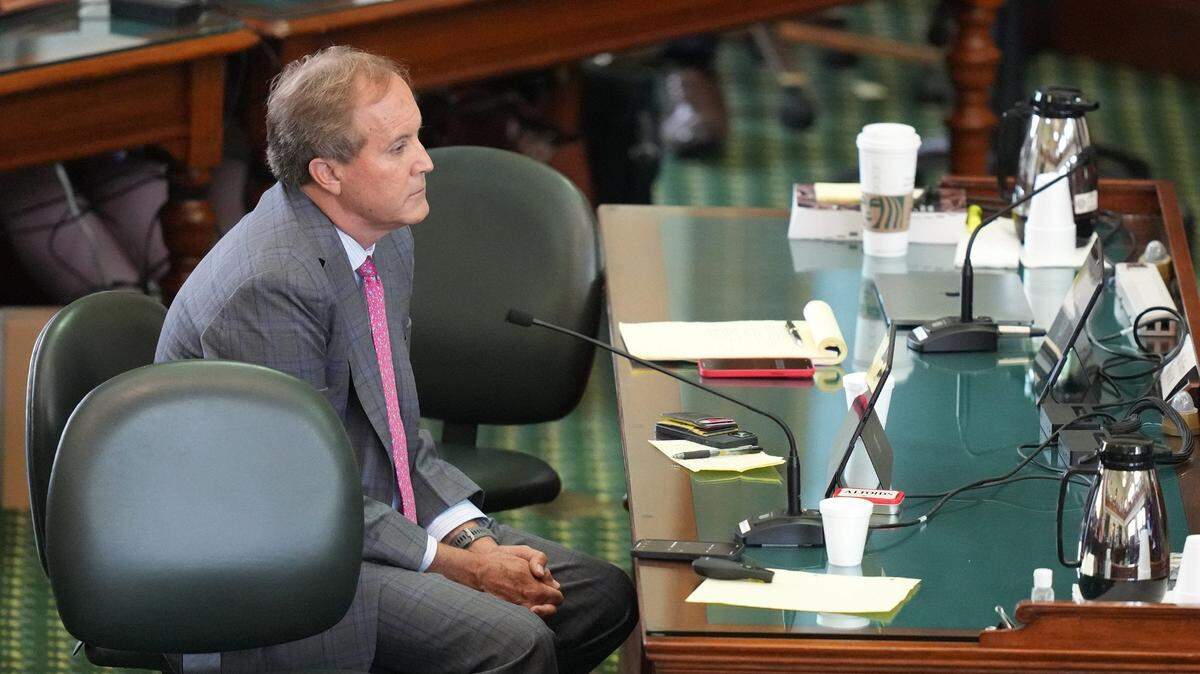 Attorney General Ken Paxton sits at the defense table before closing arguments in his impeachment trial at the Capitol on Friday September 15, 2023.