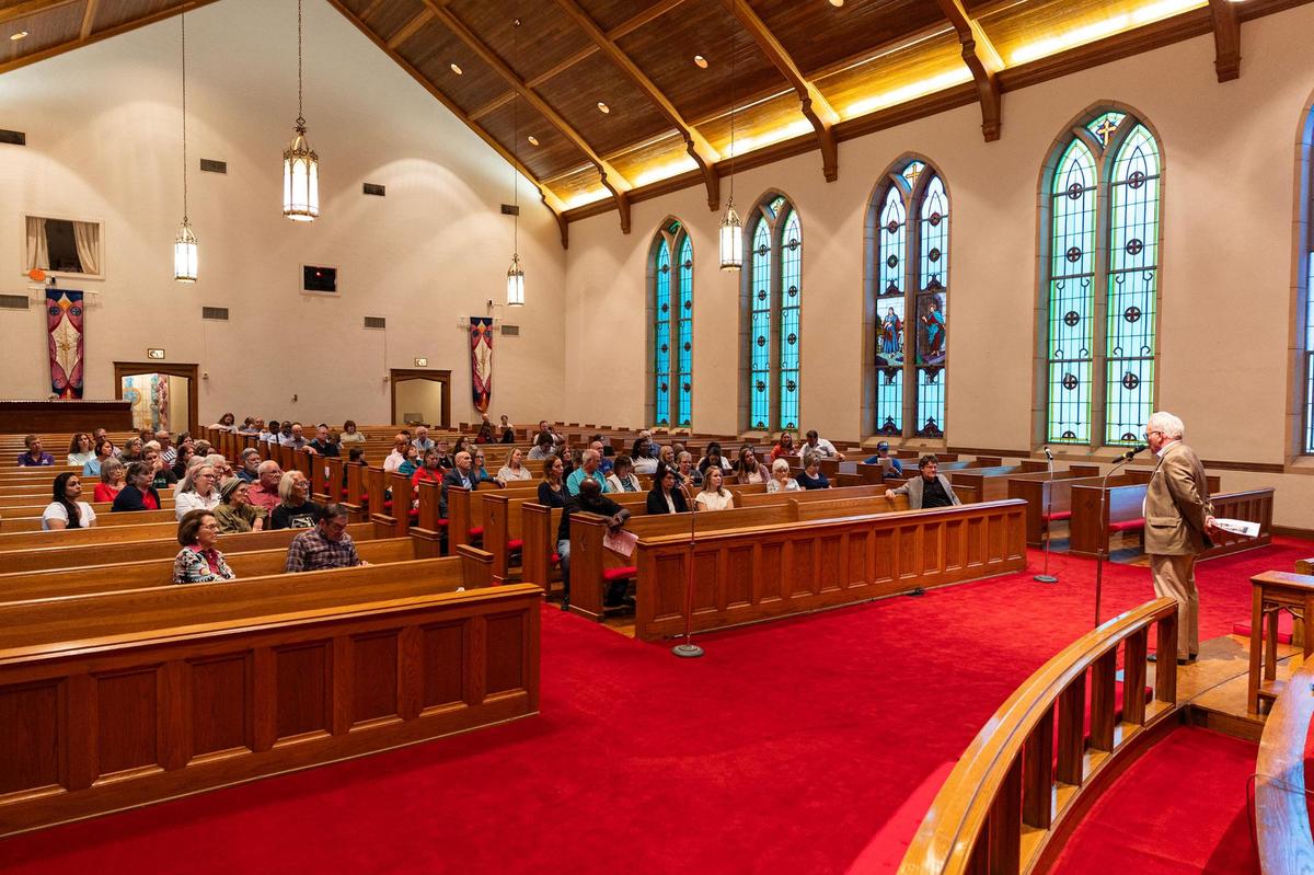 Rev. Charles Johnson, the Executive Director of Pastors for Texas Children, speaks to attendees gathered for the Pastors for Texas Children Town Hall Call to Action at Arlington Heights United Methodist Church in Fort Worth on Wednesday, April 9, 2025.