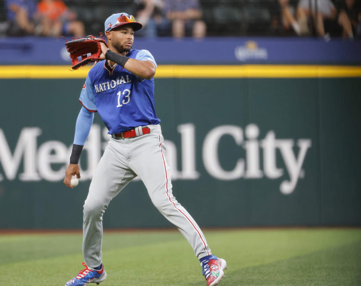 National League left fielder Justin Crawford (13) from the A+ Jersey Shore BlueClaws fields a fly during the minor league all-stars Futures Game at Globe Life Field in Arlington, Texas, Saturday July 13, 2024. (Special to the Star-Telegram/Bob Booth)